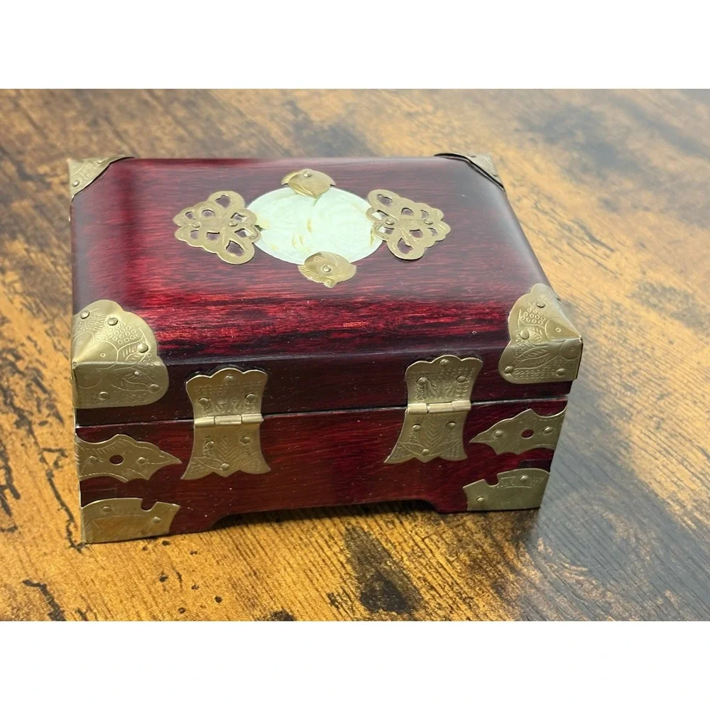 Vintage Chinese Jewelry Box Red Wood Jade Brass Fish Floral Details 5